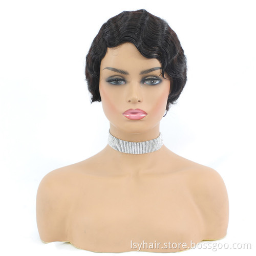 Pixie Cut Machine Made Wigs Short Human Hair Wigs for Black Women Short Straight Black Ladies Wigs 1B Color
